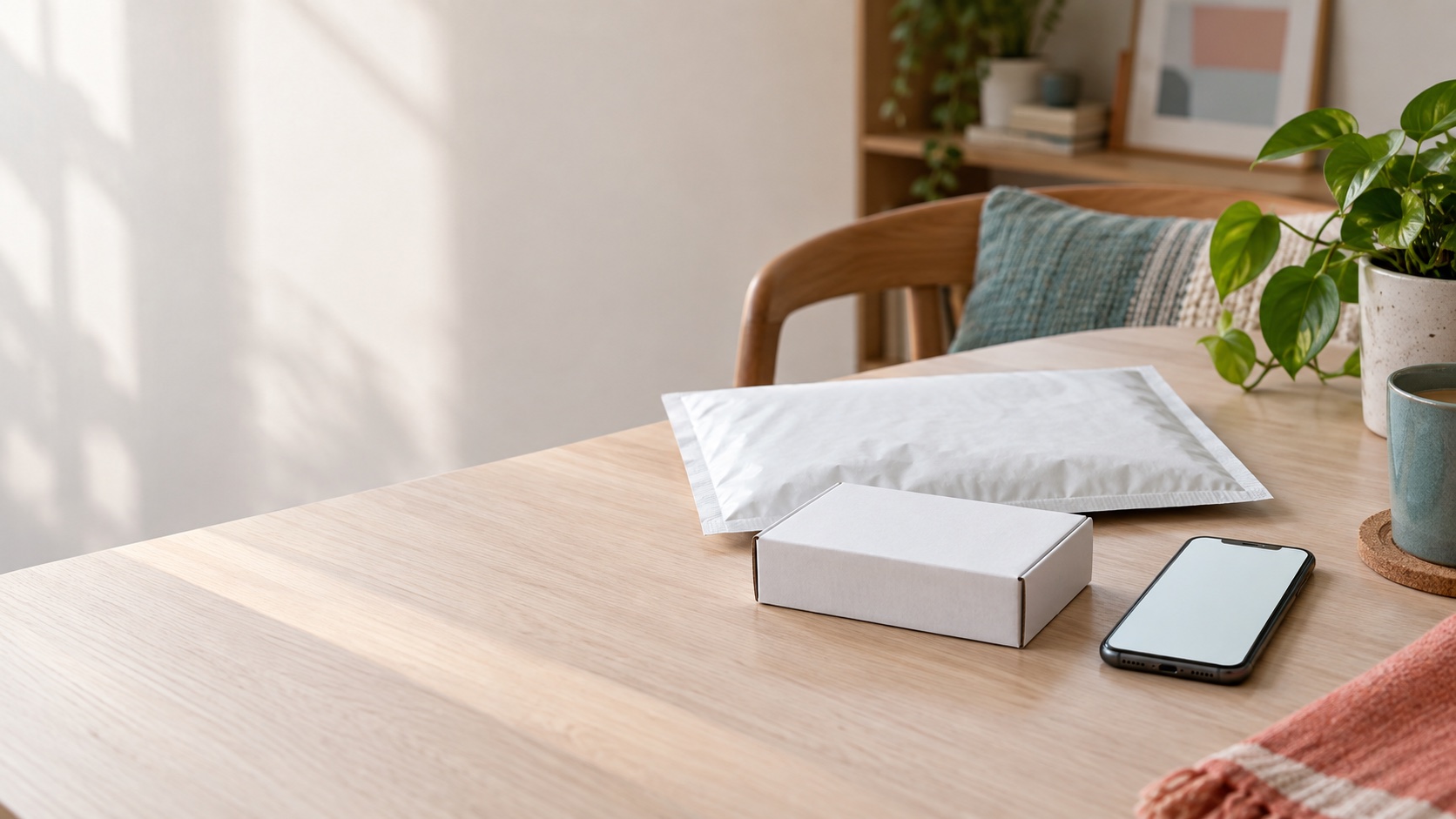 Plain mailer, home test kit box, and phone on a table
